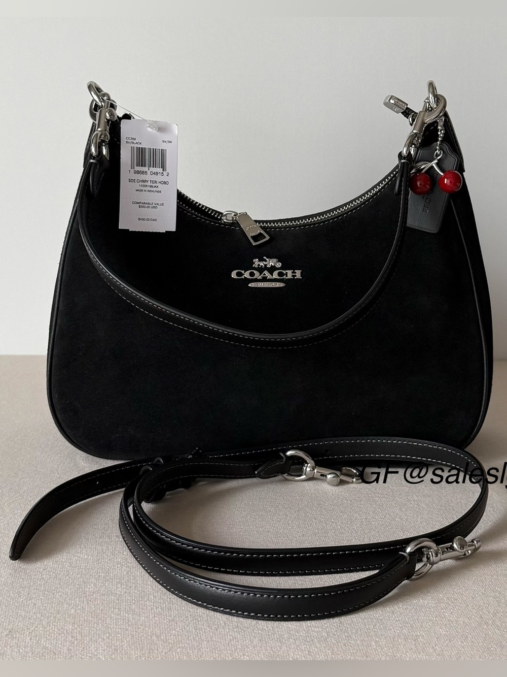 NWT Coach Teri Hobo Shoulder Bag Black Suede Silver Hardware Cherry Charm CCZ88 - Picture 12 of 15
